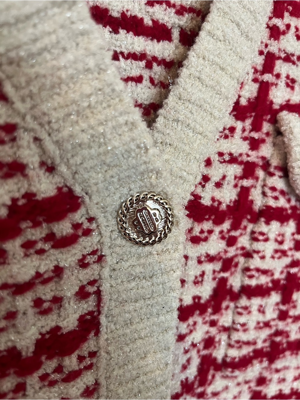 Maje Two-Tone Tweed-Effect Knit Cardigan Red Cream Metallic Size 1 - Picture 8 of 11